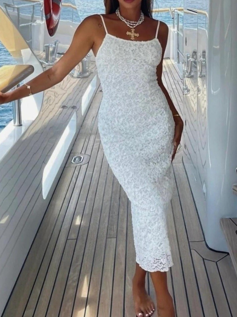 Sleeveless White Lace Midi Slip Dress L